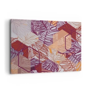 Quadro su tela - Stampe su Tela - Un motivo decorativo a foglie tropicali nelle tonalità del viola, dell'arancione e del beige. - 100x70cm - Legame impossibile di geometria e natura - Decorazione murale moderna per soggiorno e camera da letto ARTTOR