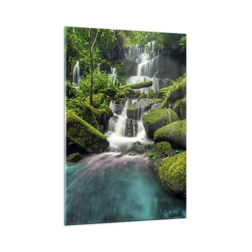 Quadro su vetro - Una cascata tropicale circondata dal verde e dall'acqua turchese - 80x120cm - Turchese, zaffiro e argento liquido - Decorazione murale moderna per soggiorno e camera da letto ARTTOR