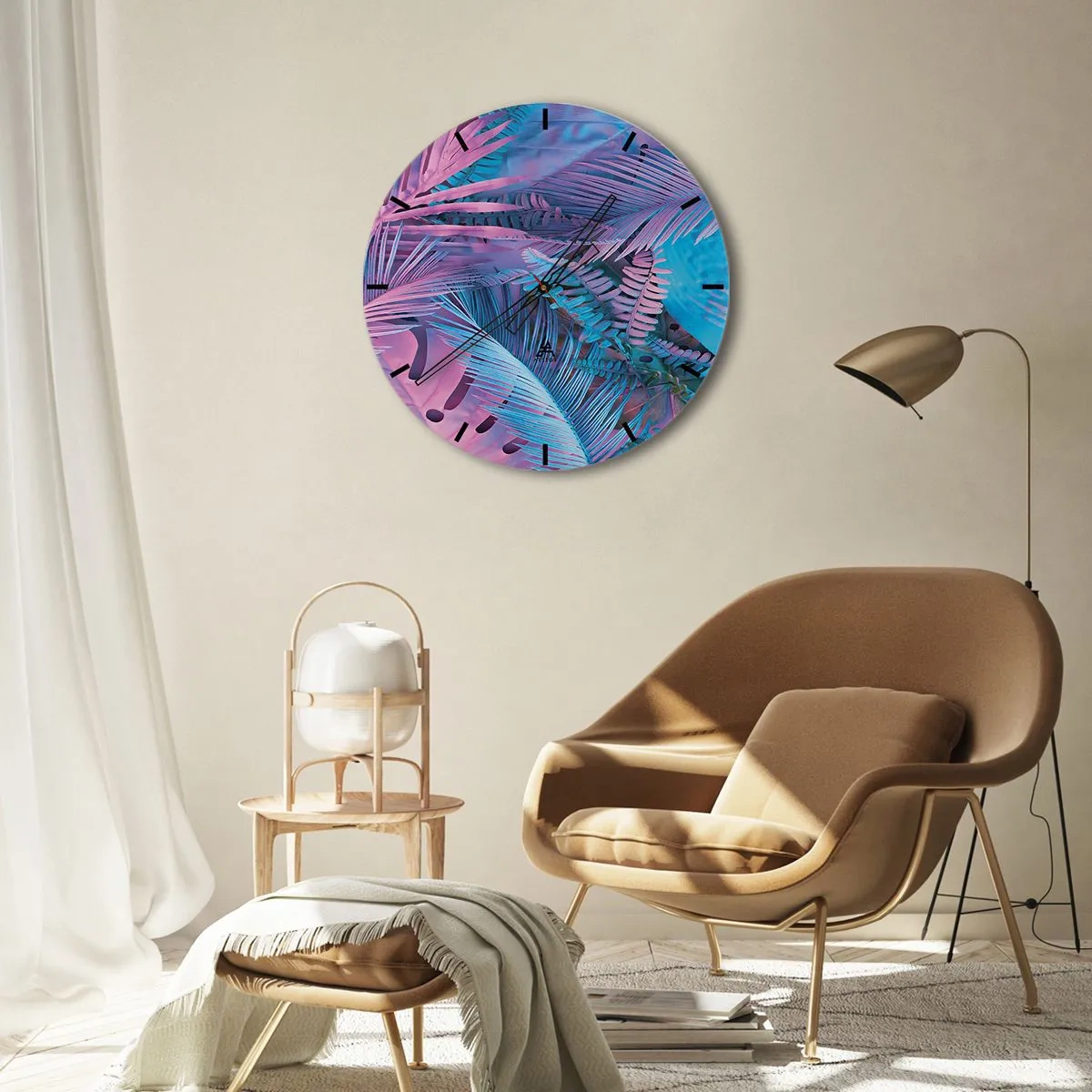 Orologio da parete - Orologio in Vetro - Una composizione astratta di foglie di palma nelle tonalità del rosa e del blu. - 30x30cm - Tropici in rosa e blu - Decorazione murale moderna per soggiorno, cucina e camera da letto ARTTOR