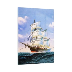 Quadro su vetro - Una nave a vela in alto mare sotto un cielo azzurro - 50x70cm - Con orgoglio nel vento - Decorazione murale moderna per soggiorno e camera da letto ARTTOR