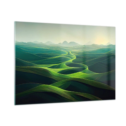 Quadro su vetro - Verdi colline e valli illuminate dai raggi del sole - 100x70cm - Nelle valli verdi - Decorazione murale moderna per soggiorno e camera da letto ARTTOR