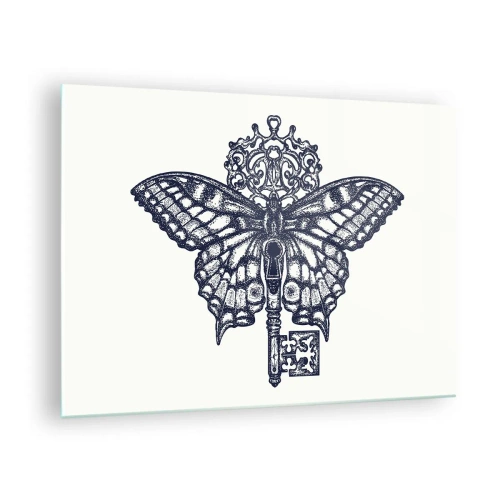 Quadro su vetro - Illustrazione di una farfalla con una chiave al centro - 70x50cm - Tutti i segreti del cuore - Decorazione murale moderna per soggiorno e camera da letto ARTTOR