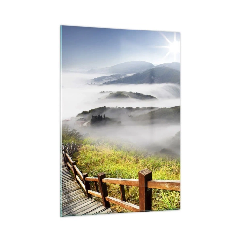 Quadro su vetro - Paesaggio montano con nebbia e sentiero in legno all'alba - 50x70cm - Avvolti di luce e nebbia - Decorazione murale moderna per soggiorno e camera da letto ARTTOR