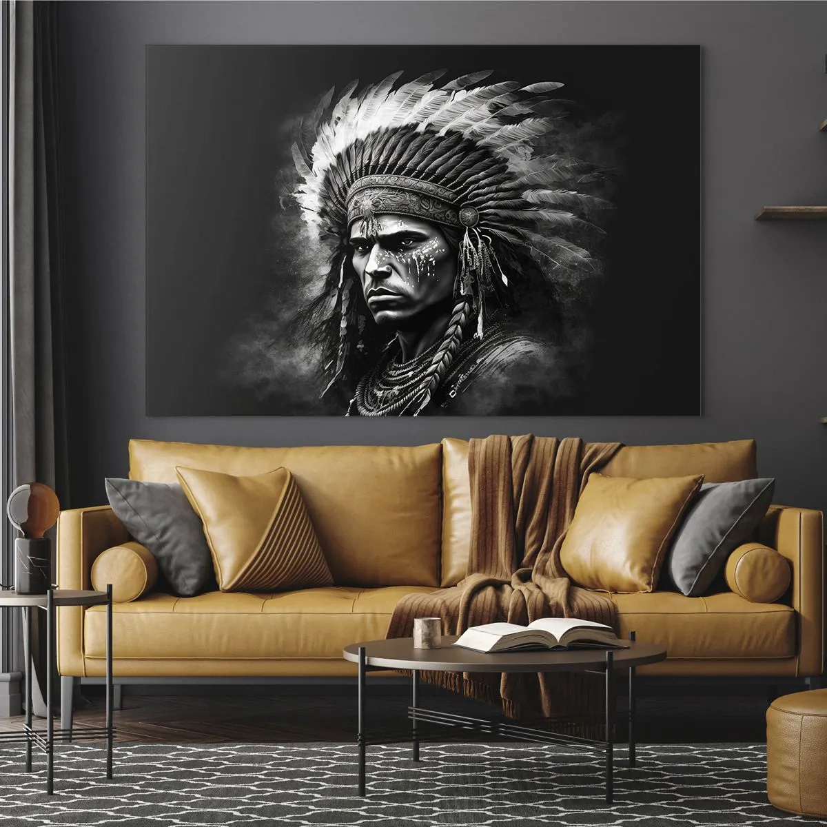 Quadro su vetro - Ritratto in bianco e nero di un guerriero con un copricapo piumato - 70x50cm - Capo e guerriero - Decorazione murale moderna per soggiorno e camera da letto ARTTOR