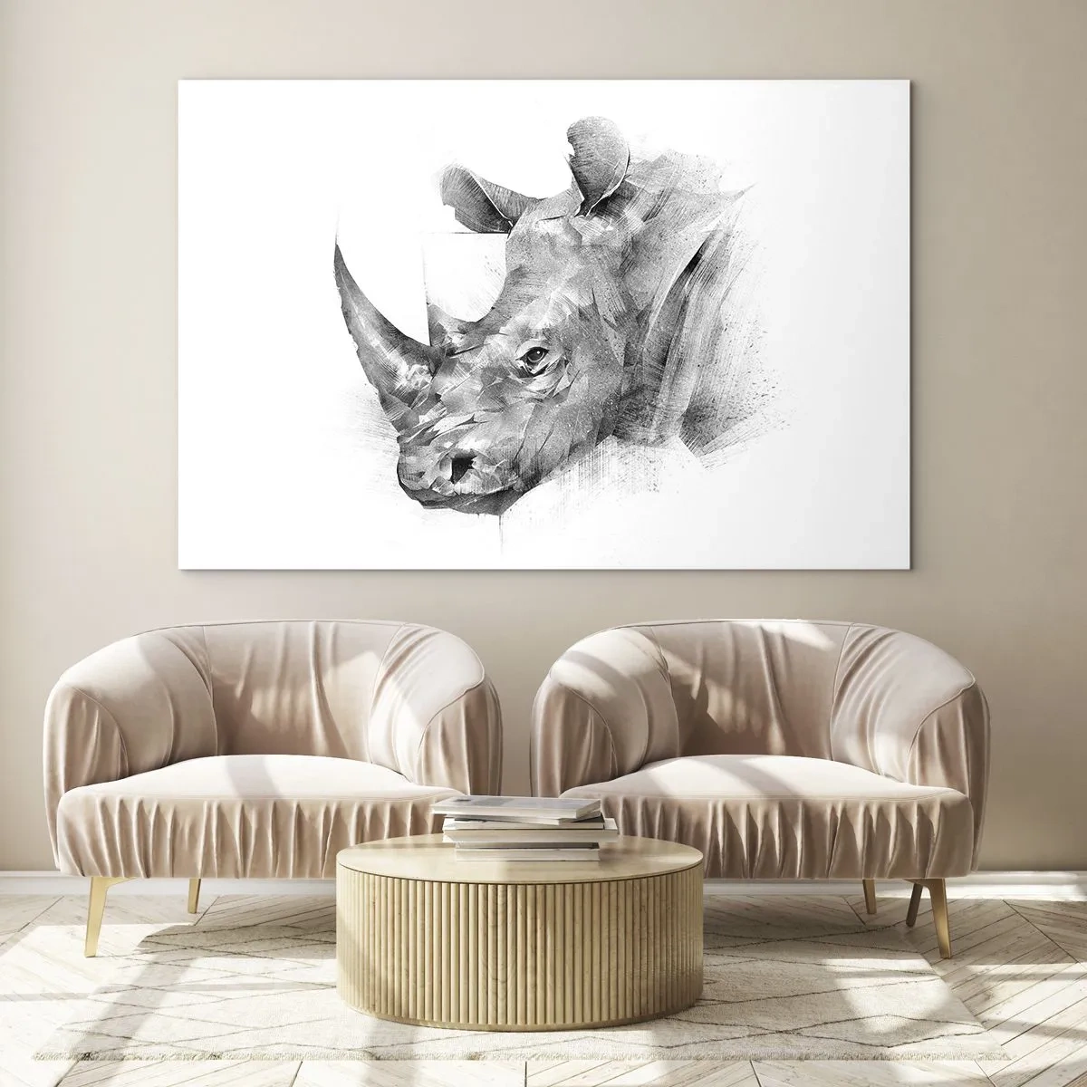 Quadro su vetro - Ritratto in bianco e nero di un rinoceronte in un approccio artistico - 120x80cm - Ritratto africano - Decorazione murale moderna per soggiorno e camera da letto ARTTOR
