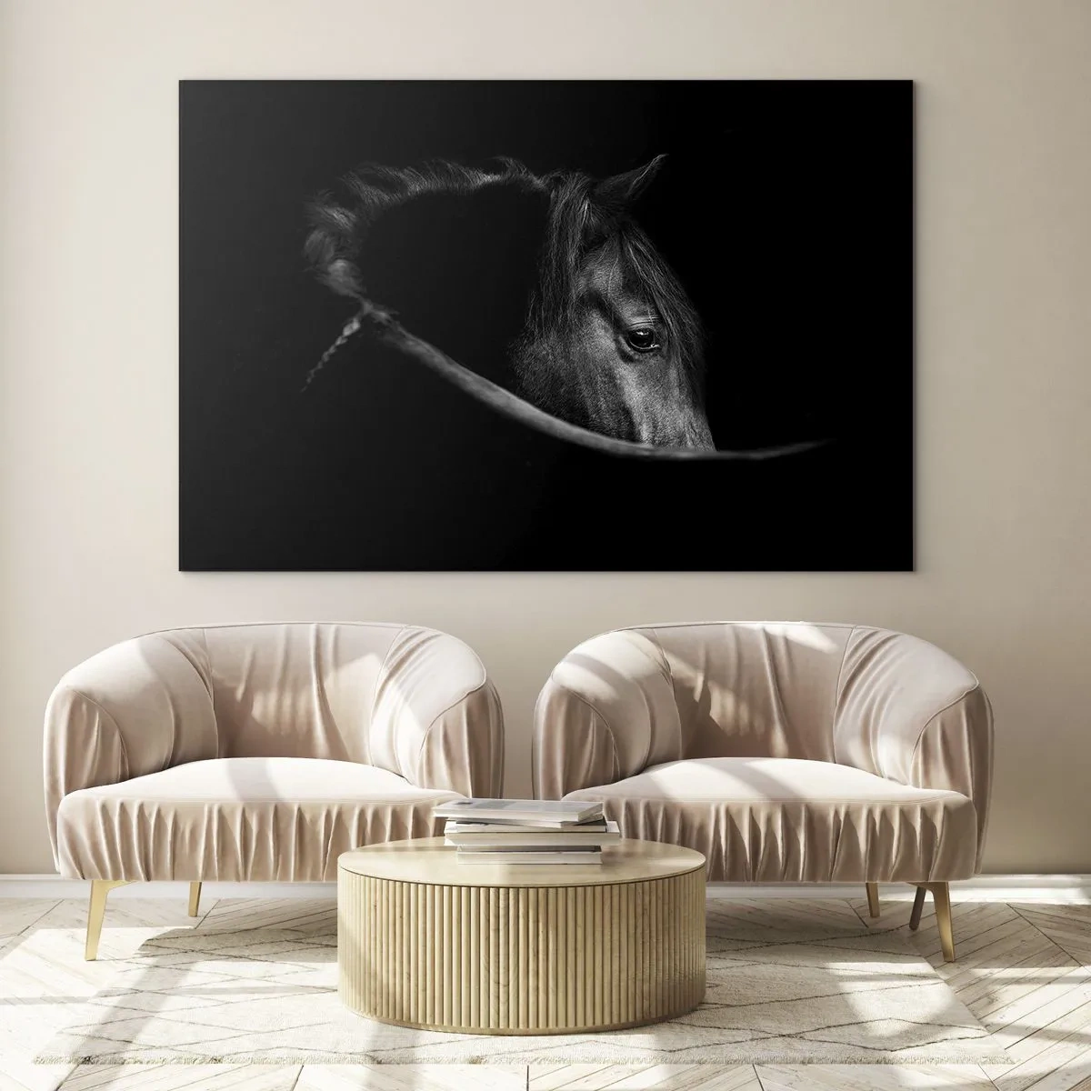 Quadro su vetro - Profilo di un cavallo nero in ombra con un occhio visibile - 70x50cm - Il principe nero - Decorazione murale moderna per soggiorno e camera da letto ARTTOR