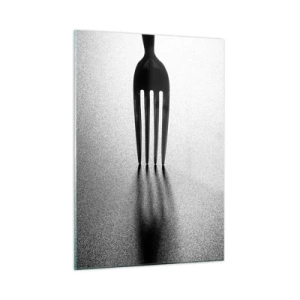 Quadro su vetro - Una forchetta che proietta un'ombra in una composizione minimalista in bianco e nero - 50x70cm - Luce e ombra - Decorazione murale moderna per soggiorno e camera da letto ARTTOR