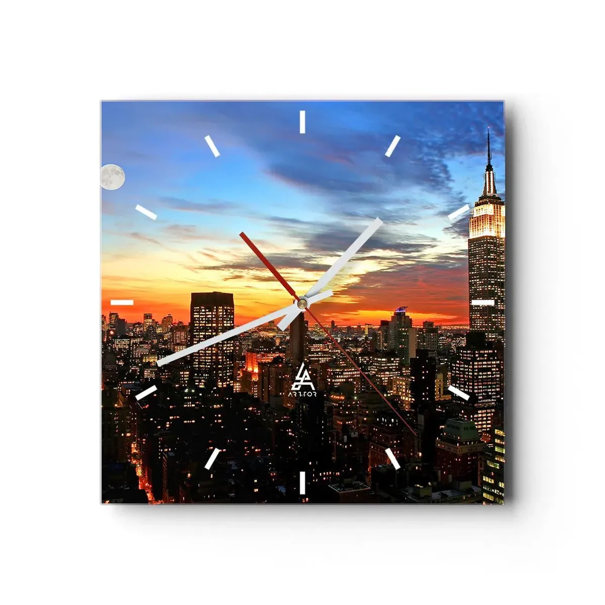 Orologio da parete - Orologio in Vetro - Panorama della città con grattacieli illuminati al tramonto - 30x30cm - Luminosa notte americana - Decorazione murale moderna per soggiorno e camera da letto ARTTOR