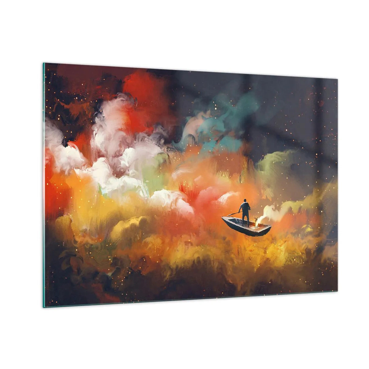 Quadro su vetro - Una figura su una barca che galleggia tra colorate nuvole galattiche - 100x70cm - In barca attraverso la galassia - Decorazione murale moderna per soggiorno e camera da letto ARTTOR