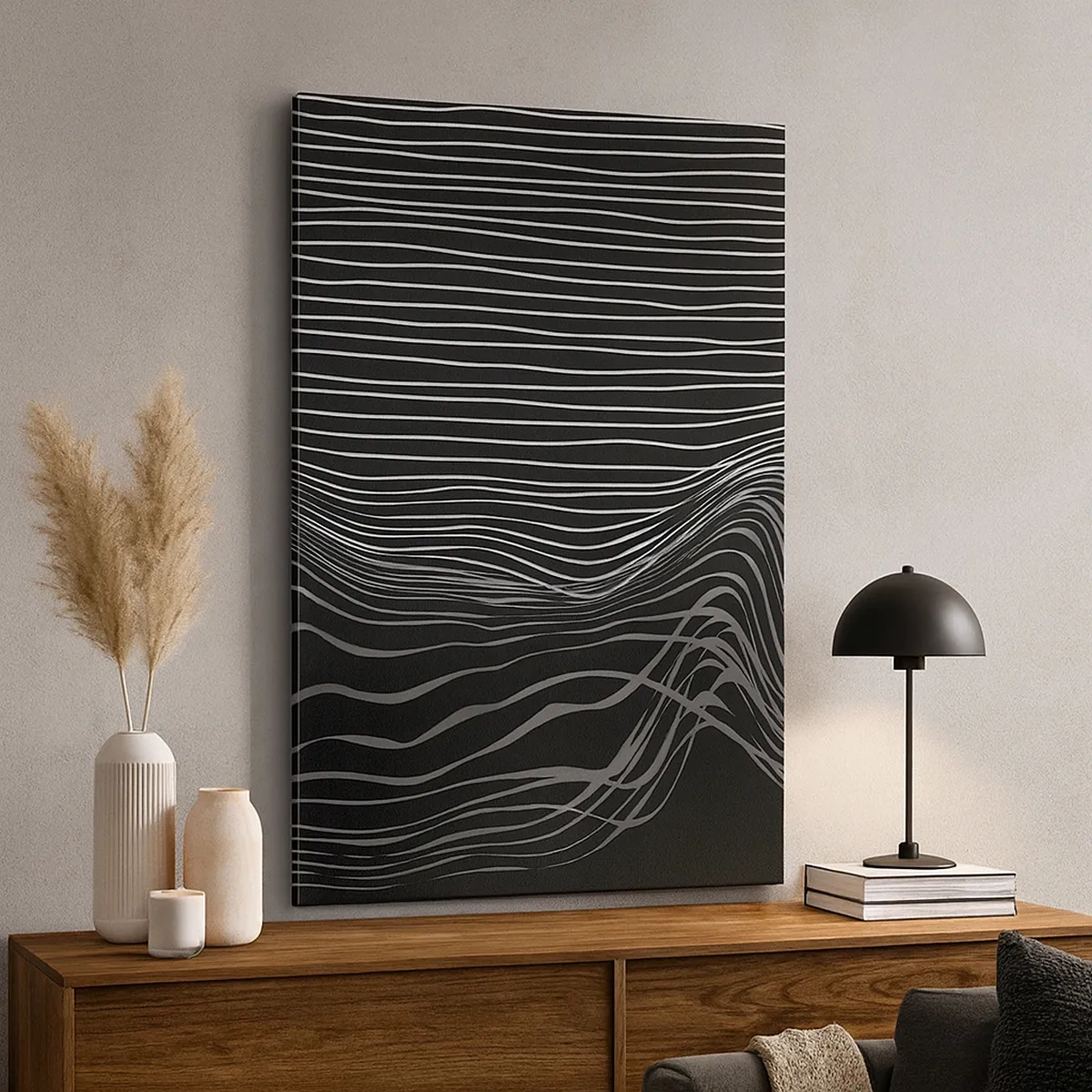 Quadro su tela - Stampe su Tela - Linee bianche su sfondo grigio scuro in una disposizione astratta - 50x70cm - Ritmo e accento - Decorazione murale moderna per soggiorno e camera da letto ARTTOR
