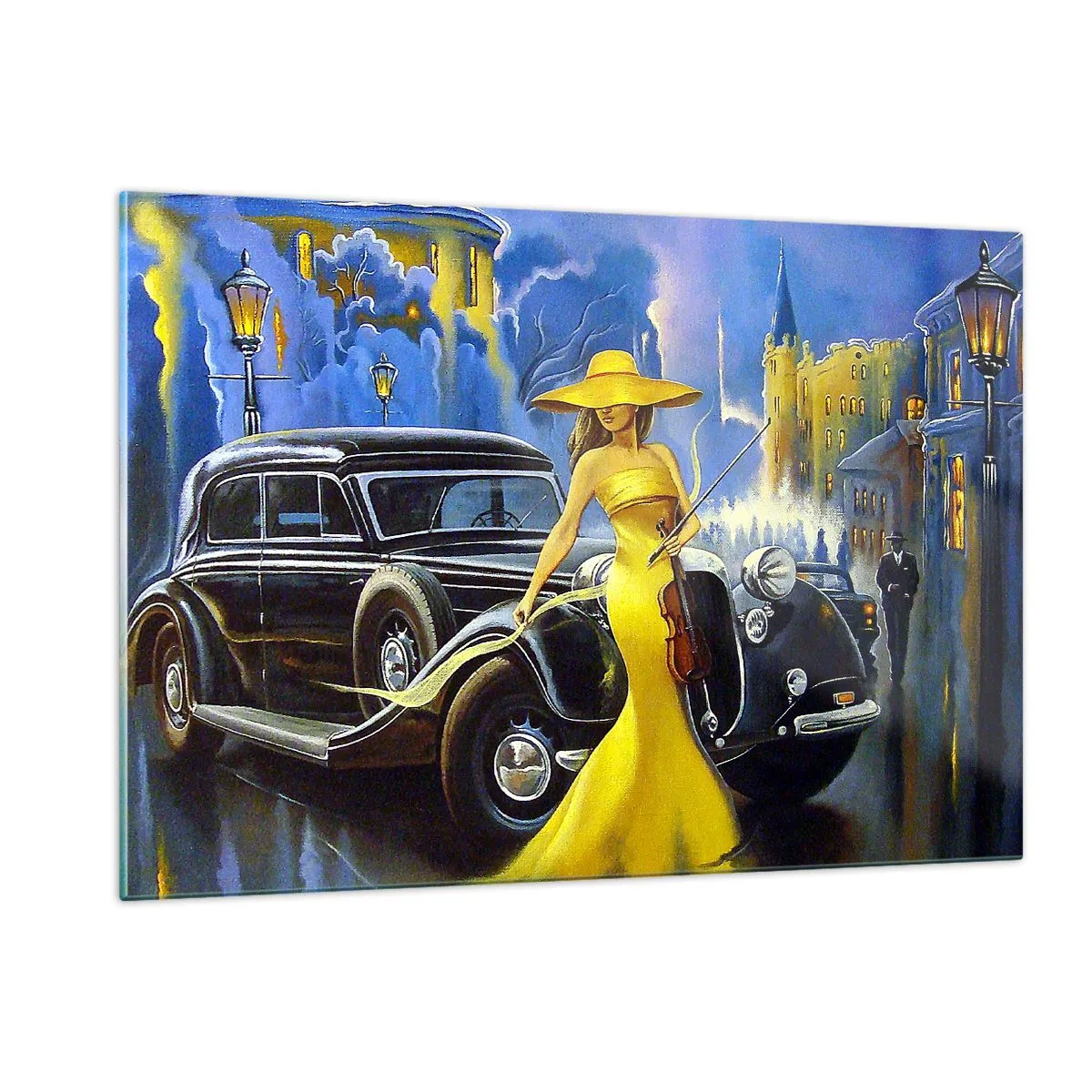 Quadro su vetro - Una donna con un vestito giallo accanto a un'auto d'epoca - 120x80cm - Notturno per violino e amore - Decorazione murale moderna per soggiorno e camera da letto ARTTOR