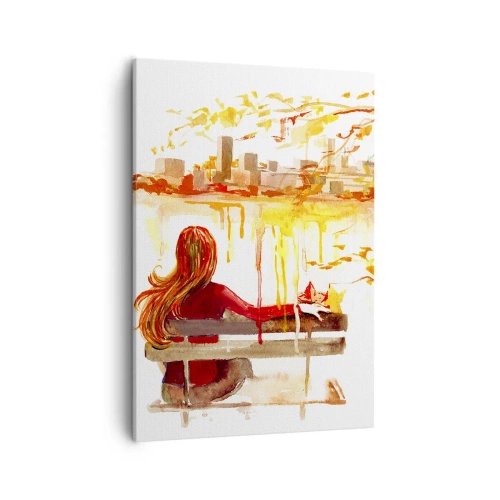 Quadro su tela - Stampe su Tela - Scena ad acquerello di una donna su una panchina con vista sulla città - 50x70cm - Un momento di riflessione - Decorazione murale moderna per soggiorno e camera da letto ARTTOR