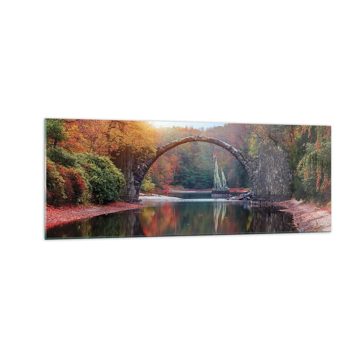 Quadro su vetro - Un ponte di pietra in uno scenario autunnale sopra acque calme - 140x50cm - Dall'altro lato dello specchio - Decorazione murale moderna per soggiorno e camera da letto ARTTOR