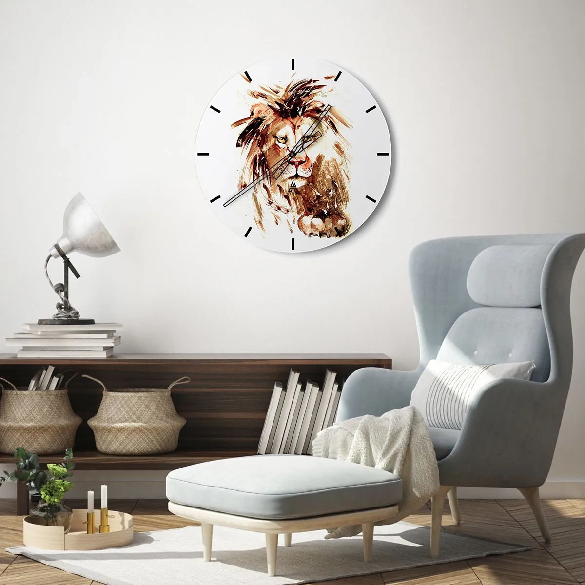Orologio da parete - Orologio in Vetro - Ritratto di un leone in tonalità di marrone in una forma artistica dinamica - 30x30cm - Forza e dignità - Decorazione murale moderna per soggiorno, cucina e camera da letto ARTTOR