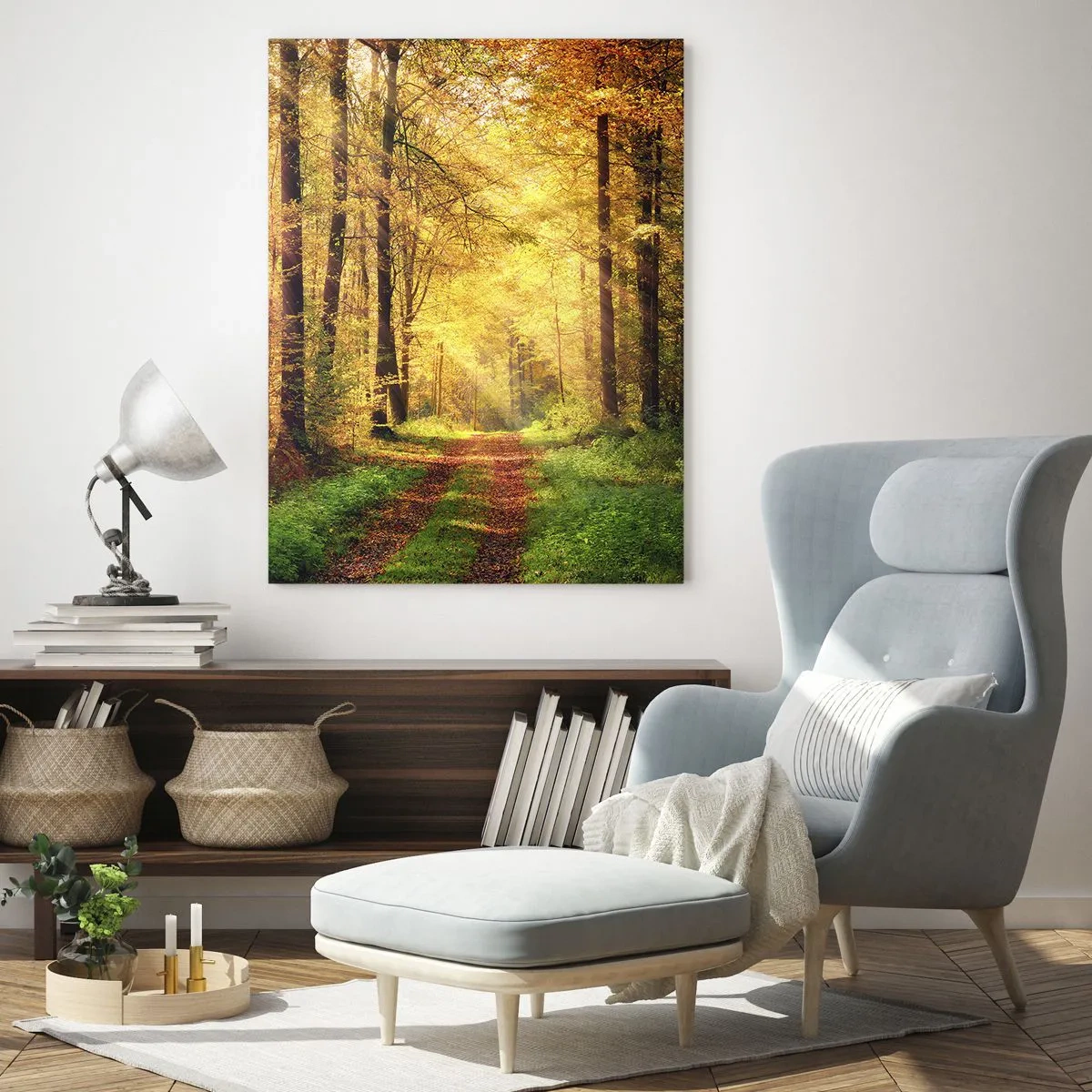 Quadro su vetro - Un sentiero nel bosco circondato da alberi dorati e verdi - 80x120cm - Il silenzio d'oro del bosco - Decorazione murale moderna per soggiorno e camera da letto ARTTOR