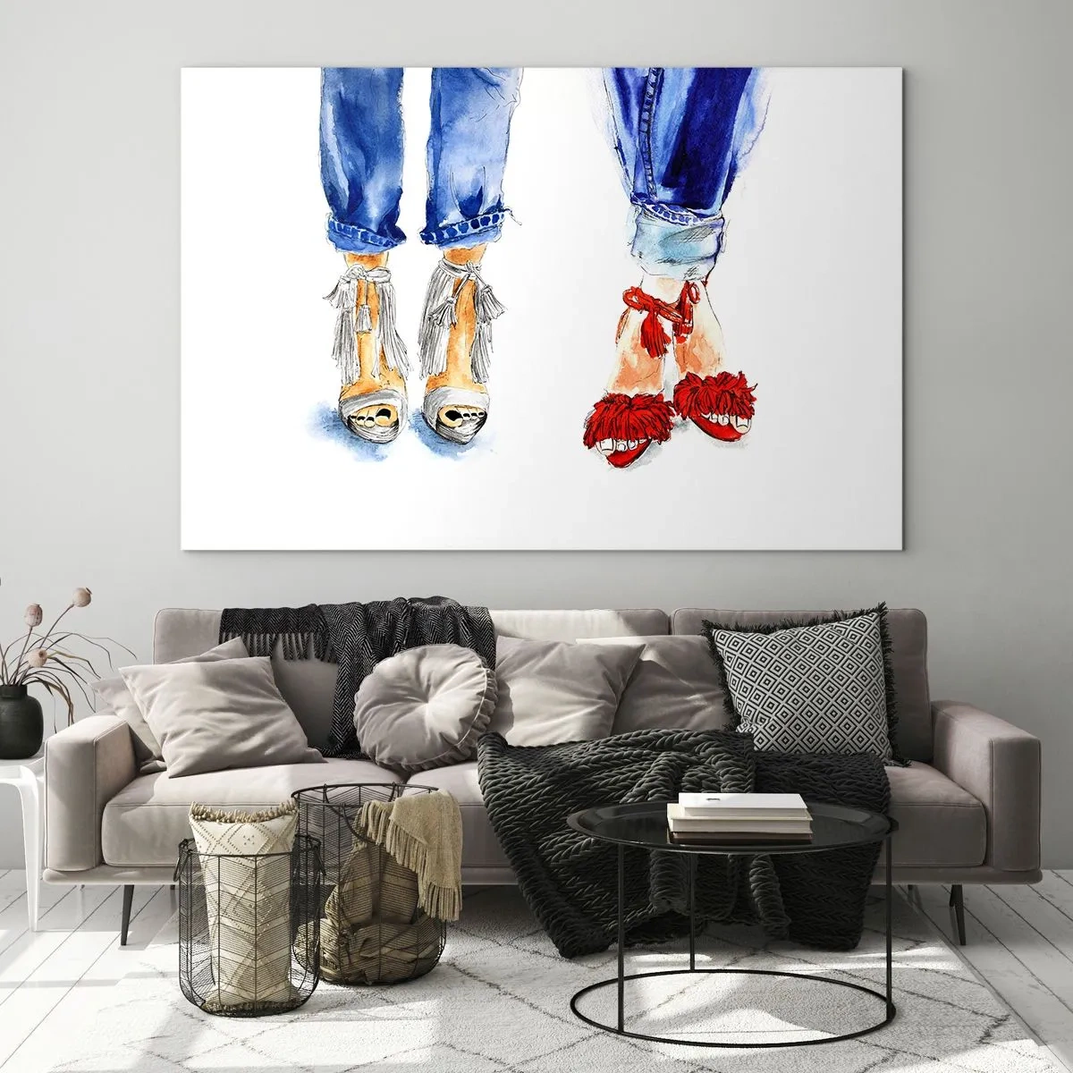 Quadro su vetro - Due scarpe eleganti sullo sfondo dei jeans - 70x50cm - Facciamo una passeggiata? - Decorazione murale moderna per soggiorno e camera da letto ARTTOR