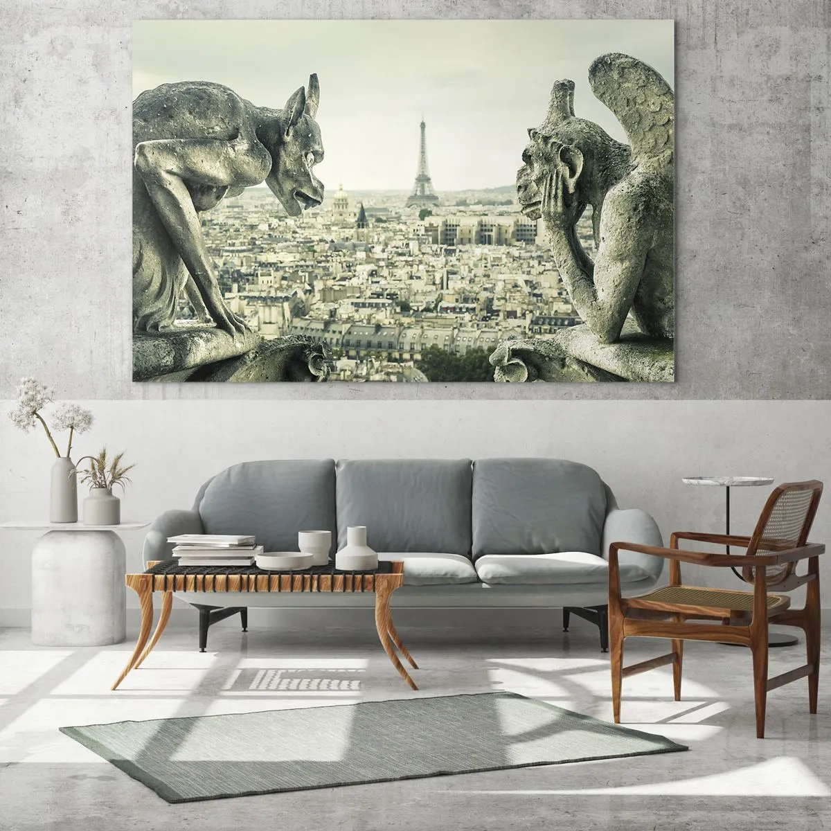 Quadro su vetro - Gargoyle che dominano lo skyline di Parigi e la Torre Eiffel - 140x50cm - Chiacchierate parigine - Decorazione murale moderna per soggiorno e camera da letto ARTTOR