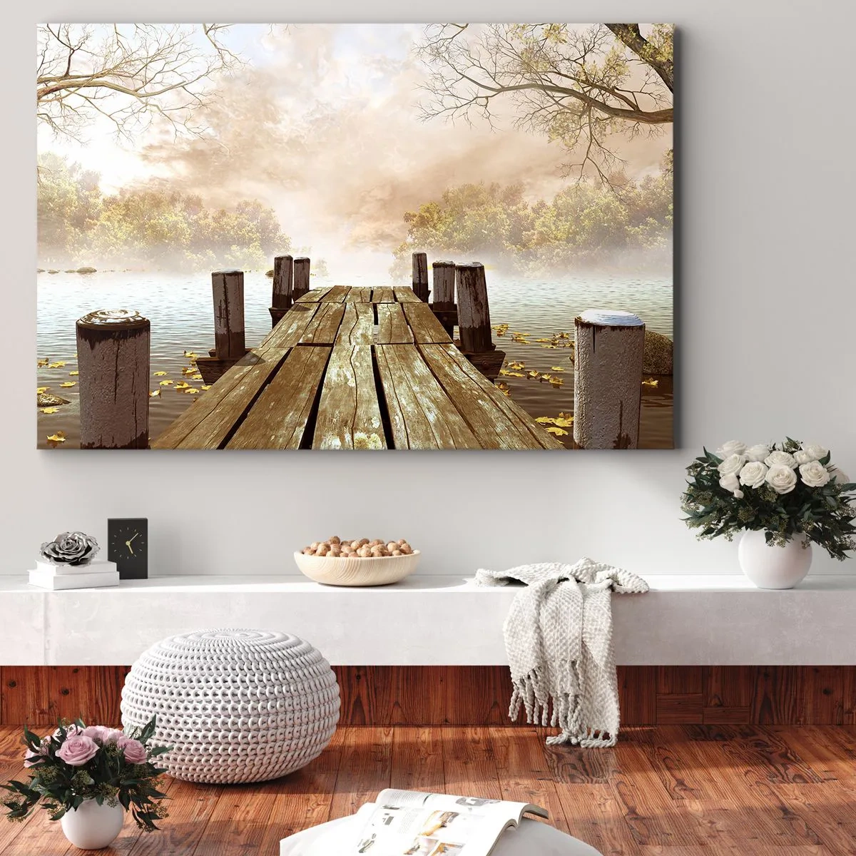 Quadro su tela - Stampe su Tela - Un molo di legno che conduce a un lago calmo nella nebbia mattutina - 120x80cm - La mite melanconia autunnale - Decorazione murale moderna per soggiorno e camera da letto ARTTOR