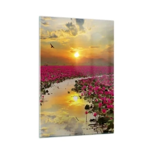 Quadro su vetro - Un campo di ninfee rosa al tramonto - 80x120cm - La vita segreta del lago - Decorazione murale moderna per soggiorno e camera da letto ARTTOR