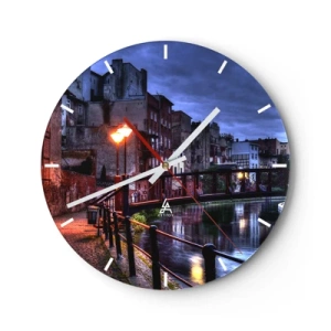 Orologio da parete - Orologio in Vetro - Vista notturna della strada con un ponte e l'acqua sullo sfondo - 30x30cm - Questa Bydgoszcz non la conosci - Decorazione murale moderna per soggiorno, cucina e camera da letto ARTTOR