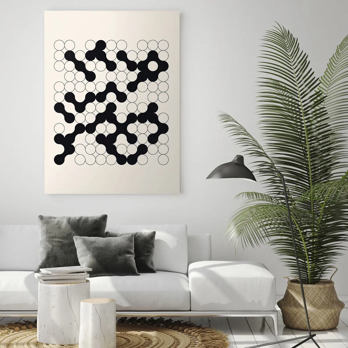 Quadro su vetro - Motivi in bianco e nero con cerchi su sfondo chiaro - 70x100cm - Gioco cinese: variazione - Decorazione murale moderna per soggiorno e camera da letto ARTTOR