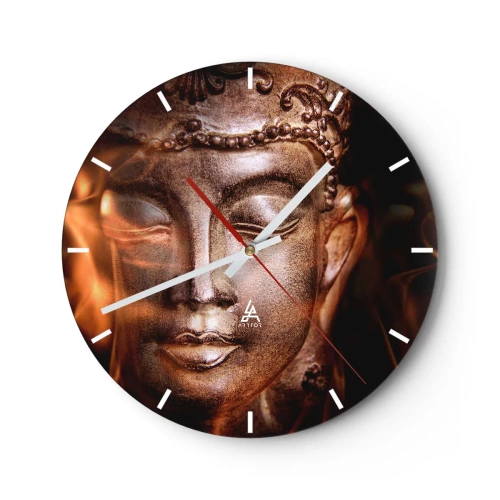 Orologio da parete - Orologio in Vetro - Una scultura dorata del Buddha con una luce soffusa sullo sfondo - 30x30cm - Esiste solo qui e ora - Decorazione murale moderna per soggiorno, cucina e camera da letto ARTTOR