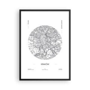 Poster in cornice nera - Una mappa minimalista di Cracovia in un cerchio - 50x70cm - Anatomia di Cracovia - Decorazione murale moderna per soggiorno e camera da letto ARTTOR
