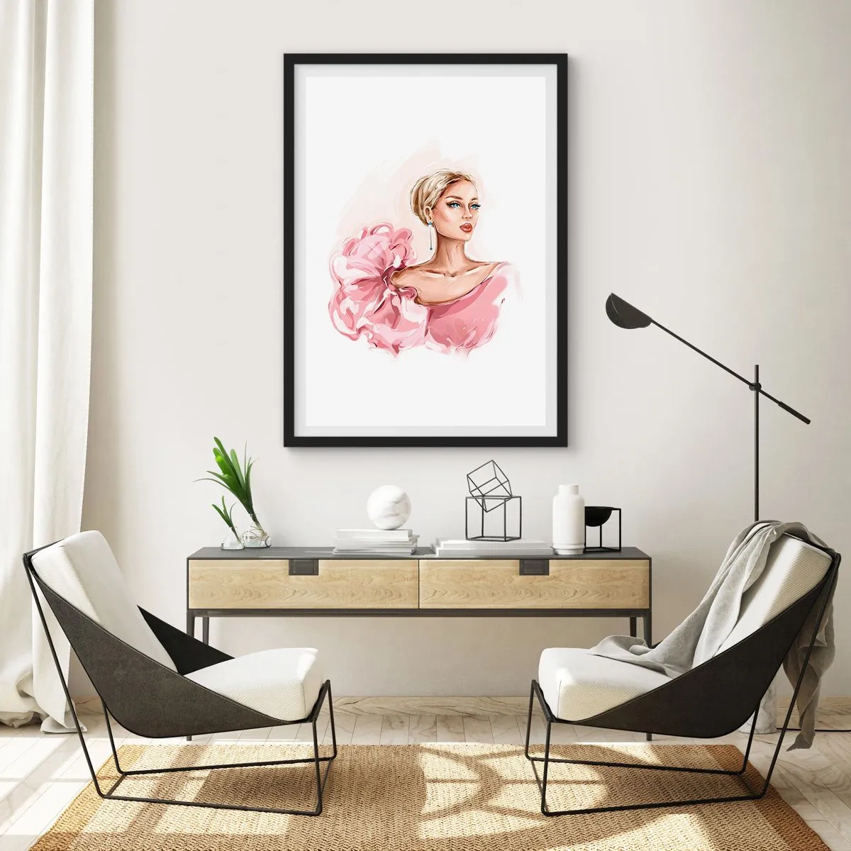 Poster in cornice nera - Donna elegante in abito rosa - 50x70cm - Come un quadro... - Decorazione murale moderna per soggiorno e camera da letto ARTTOR