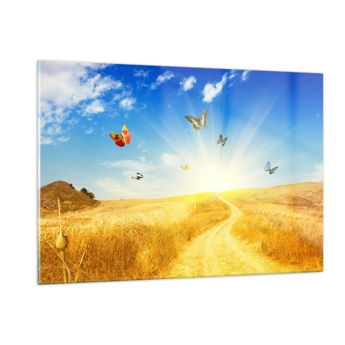 Quadro su vetro - Farfalle che volteggiano su una strada sterrata all'alba - 120x80cm - Come non amare l'estate? - Decorazione murale moderna per soggiorno e camera da letto ARTTOR