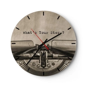 Orologio da parete - Orologio in Vetro - Primo piano di una macchina da scrivere con la scritta "Qual è la tua storia?" - 30x30cm - Rispondimi - Decorazione murale moderna per soggiorno, cucina e camera da letto ARTTOR