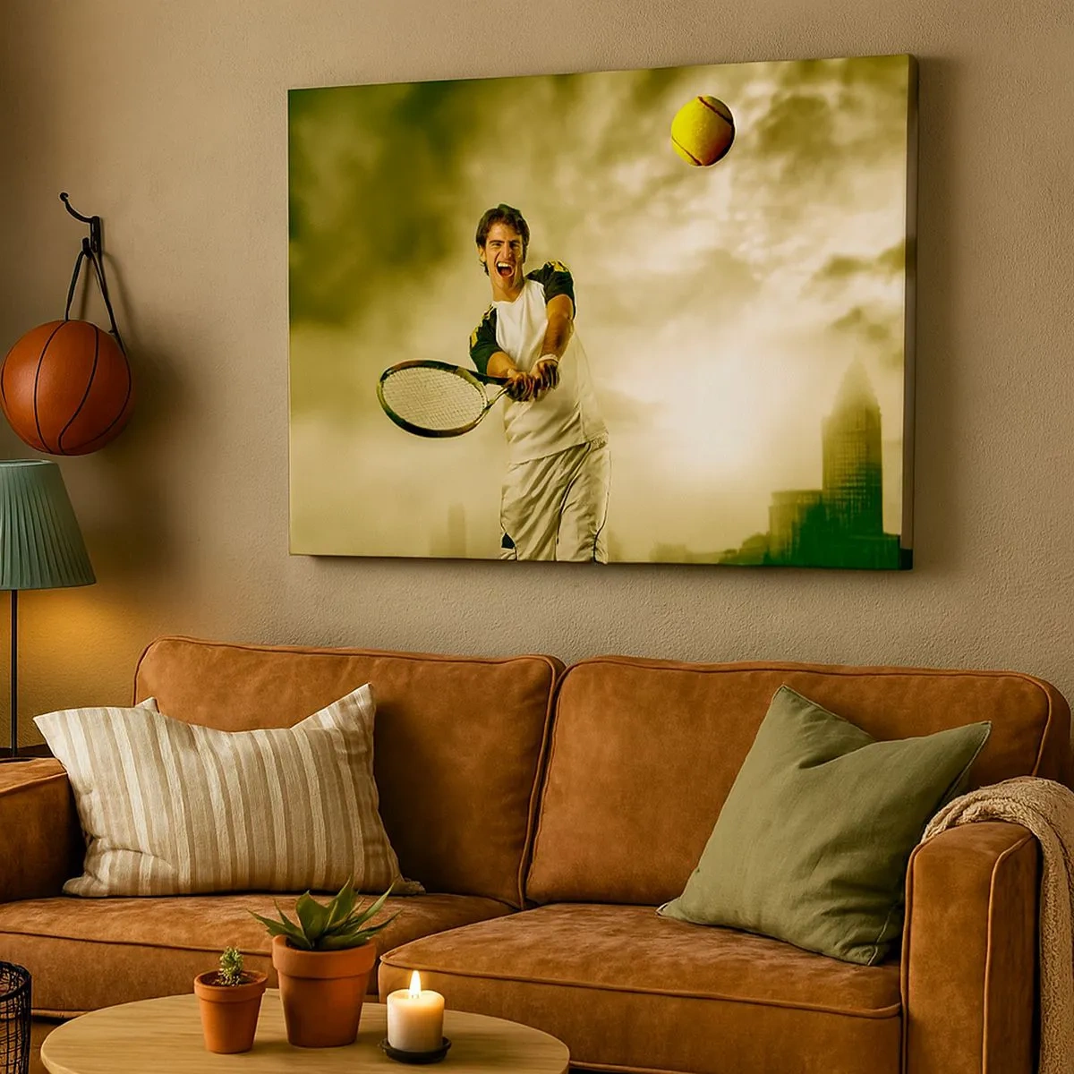 Quadro su tela - Stampe su Tela - Giocatore di tennis in azione durante una partita sullo sfondo di un paesaggio urbano - 70x50cm - Energia e gioia - Decorazione murale moderna per soggiorno e camera da letto ARTTOR