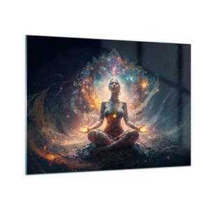 Quadro su vetro - Una donna in meditazione in un'aura luminosa di energia e colore - 70x50cm - Un flusso di energia buona - Decorazione murale moderna per soggiorno e camera da letto ARTTOR