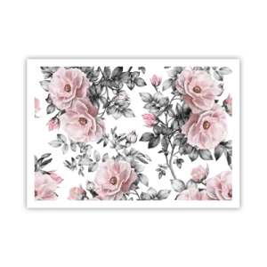 Poster - Rose rosa e foglie su un delicato sfondo bianco e nero - 100x70cm - Perdersi tra le rose - Decorazione murale moderna per soggiorno e camera da letto ARTTOR