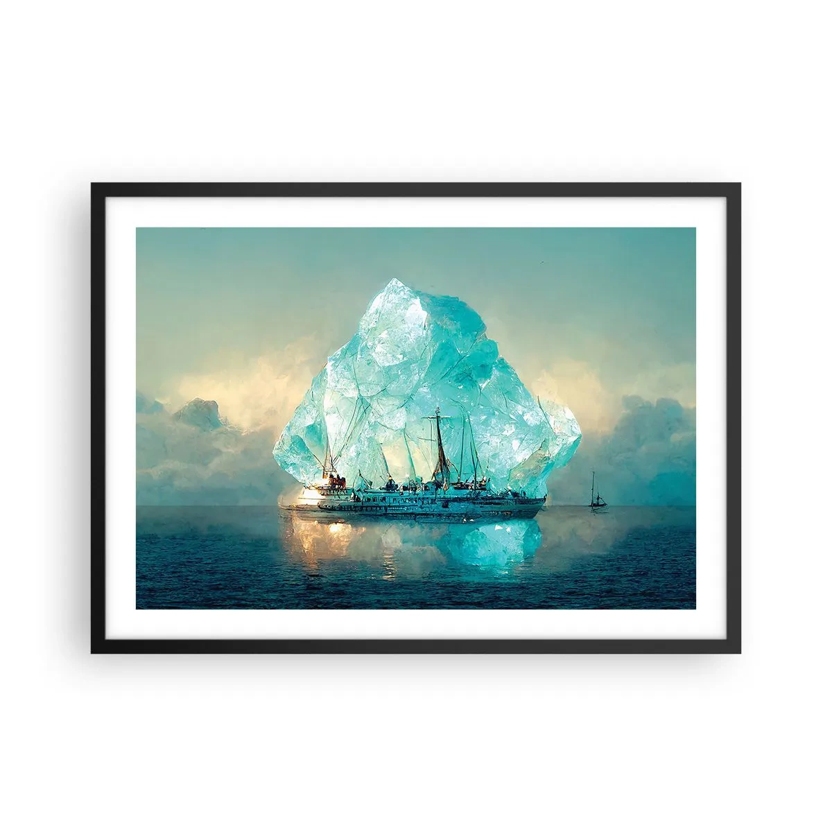 Poster in cornice nera - Una nave con un maestoso iceberg sullo sfondo - 70x50cm - Brillante artico - Decorazione murale moderna per soggiorno e camera da letto ARTTOR