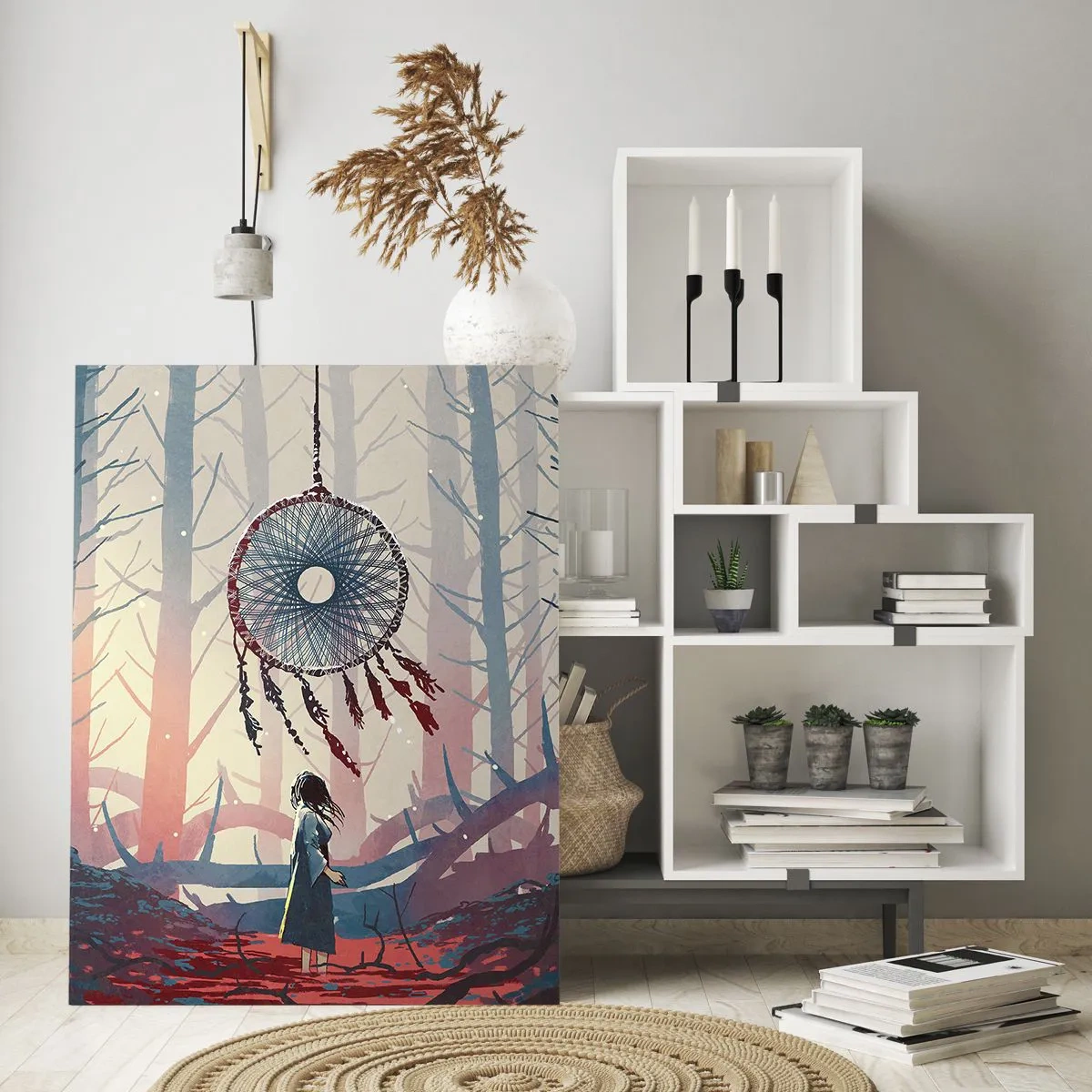 Quadro su vetro - Scena di foresta con un gigantesco acchiappasogni - 80x120cm - Il rituale segreto della felicità - Decorazione murale moderna per soggiorno e camera da letto ARTTOR