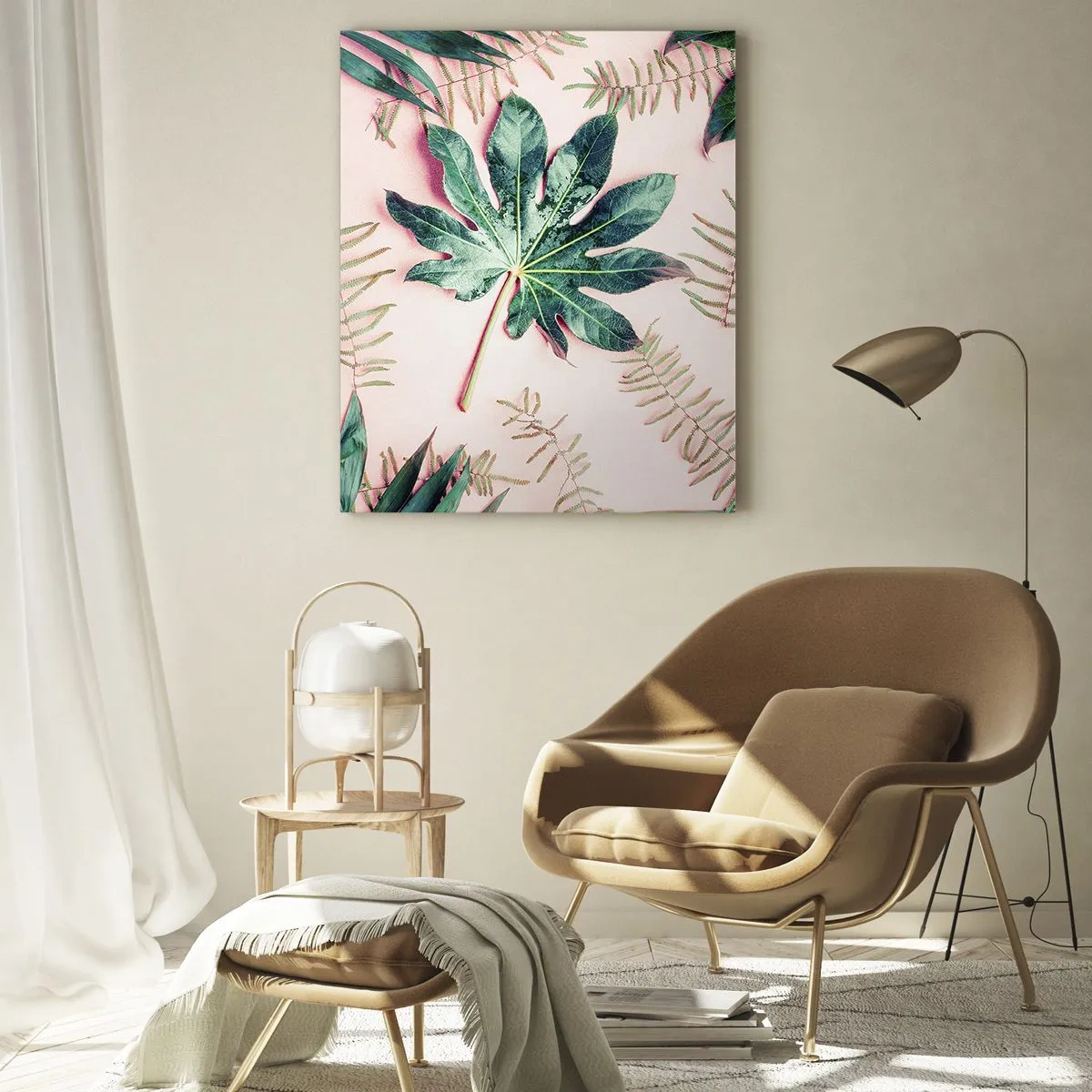 Quadro su vetro - Foglie tropicali su uno sfondo pastello chiaro - 80x120cm - Studio di verde su sfondo rosa - Decorazione murale moderna per soggiorno e camera da letto ARTTOR