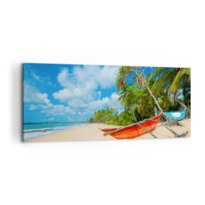 Quadro su tela - Stampe su Tela - Spiaggia tropicale con palme e barche colorate - 120x50cm - La bellezza dei tropici - Decorazione murale moderna per soggiorno e camera da letto ARTTOR