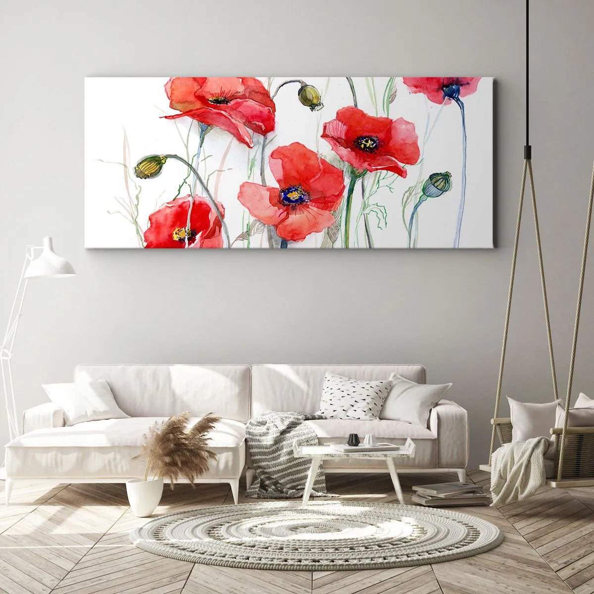 Quadro su tela - Stampe su Tela - Papaveri acquerellati su uno sfondo delicato - 120x50cm - Fiori polacchi - Decorazione murale moderna per soggiorno e camera da letto ARTTOR