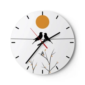 Orologio da parete - Orologio in Vetro - Due uccelli su un ramo sotto un sole arancione - 30x30cm - Sera da usignoli - Decorazione murale moderna per soggiorno, cucina e camera da letto ARTTOR