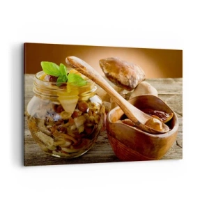 Quadro su tela - Stampe su Tela - Funghi naturali in un barattolo su un tavolo rustico - 100x70cm - Freschi, conservati, autunnali... - Decorazione murale moderna per soggiorno e camera da letto ARTTOR