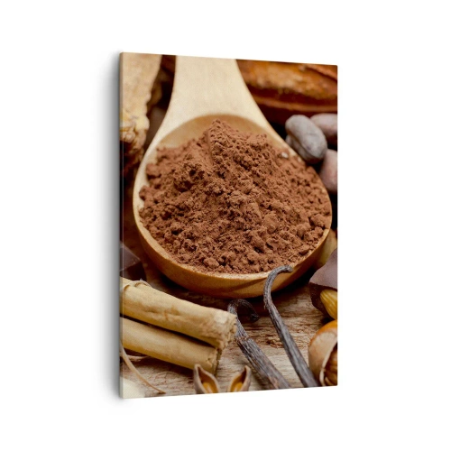 Quadro su tela - Stampe su Tela - Un cucchiaio di cacao e ingredienti al cioccolato in una disposizione rustica - 50x70cm - Ideale per i momenti di tristezza - Decorazione murale moderna per soggiorno e camera da letto ARTTOR