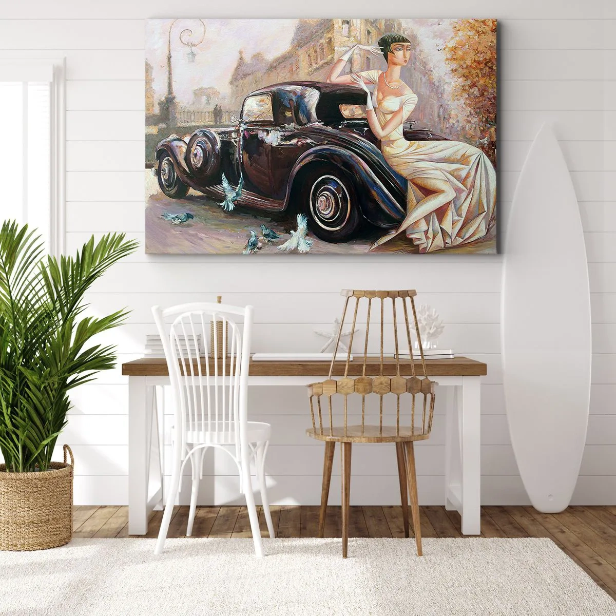 Quadro su tela - Stampe su Tela - Donna retrò accanto a un'auto d'epoca - 120x80cm - Eleganza in stile retro - Decorazione murale moderna per soggiorno e camera da letto ARTTOR