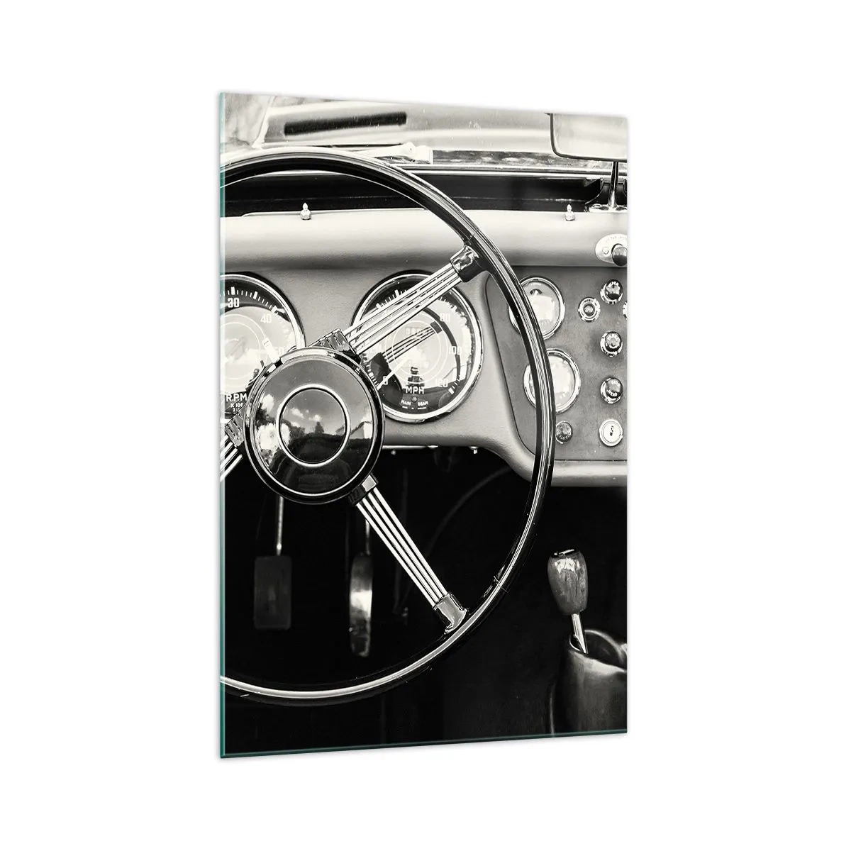 Quadro su vetro - Interni di auto d'epoca in bianco e nero - 70x100cm - Il sogno del collezionista - Decorazione murale moderna per soggiorno e camera da letto ARTTOR