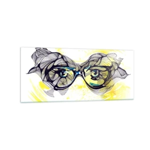 Quadro su vetro - Grafica artistica di occhiali con occhi espressivi - 120x50cm - Attraverso gli occhiali blu - Decorazione murale moderna per soggiorno e camera da letto ARTTOR