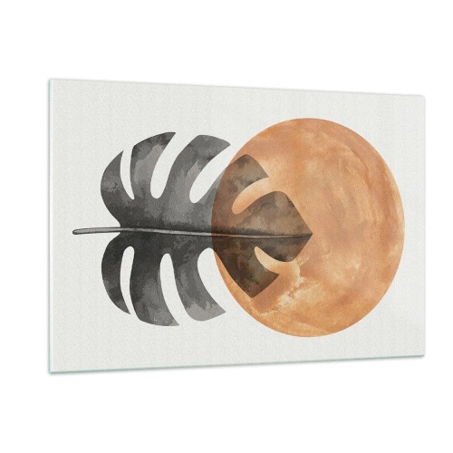 Quadro su vetro - Foglia di monstera e cerchio arancione in stile grafico su sfondo bianco. - 120x80cm - Sempre il sole - Decorazione murale moderna per soggiorno e camera da letto ARTTOR