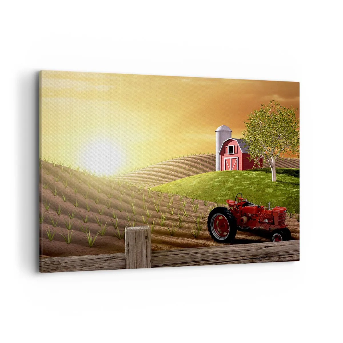 Quadro su tela - Stampe su Tela - Paesaggio rurale con un fienile rosso, un trattore e l'alba - 100x70cm - La fattoria delle favole - Decorazione murale moderna per soggiorno e camera da letto ARTTOR