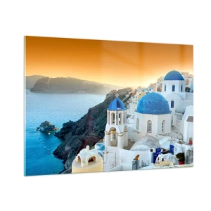 Quadro su vetro - Vista di Santorini con le sue cupole blu e le scogliere - 100x70cm - Santorini: aggrappate alle rocce - Decorazione murale moderna per soggiorno e camera da letto ARTTOR
