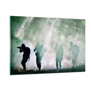 Quadro su vetro - Un gruppo di soldati in fumo, che camminano nella foresta, in piena allerta - 120x80cm - Uno per tutti… - Decorazione murale moderna per soggiorno e camera da letto ARTTOR