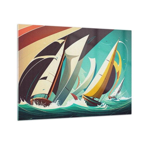 Quadro su vetro - Illustrazione in stile retrò di barche a vela in un mare in tempesta - 70x50cm - Compagne degli elementi - Decorazione murale moderna per soggiorno e camera da letto ARTTOR