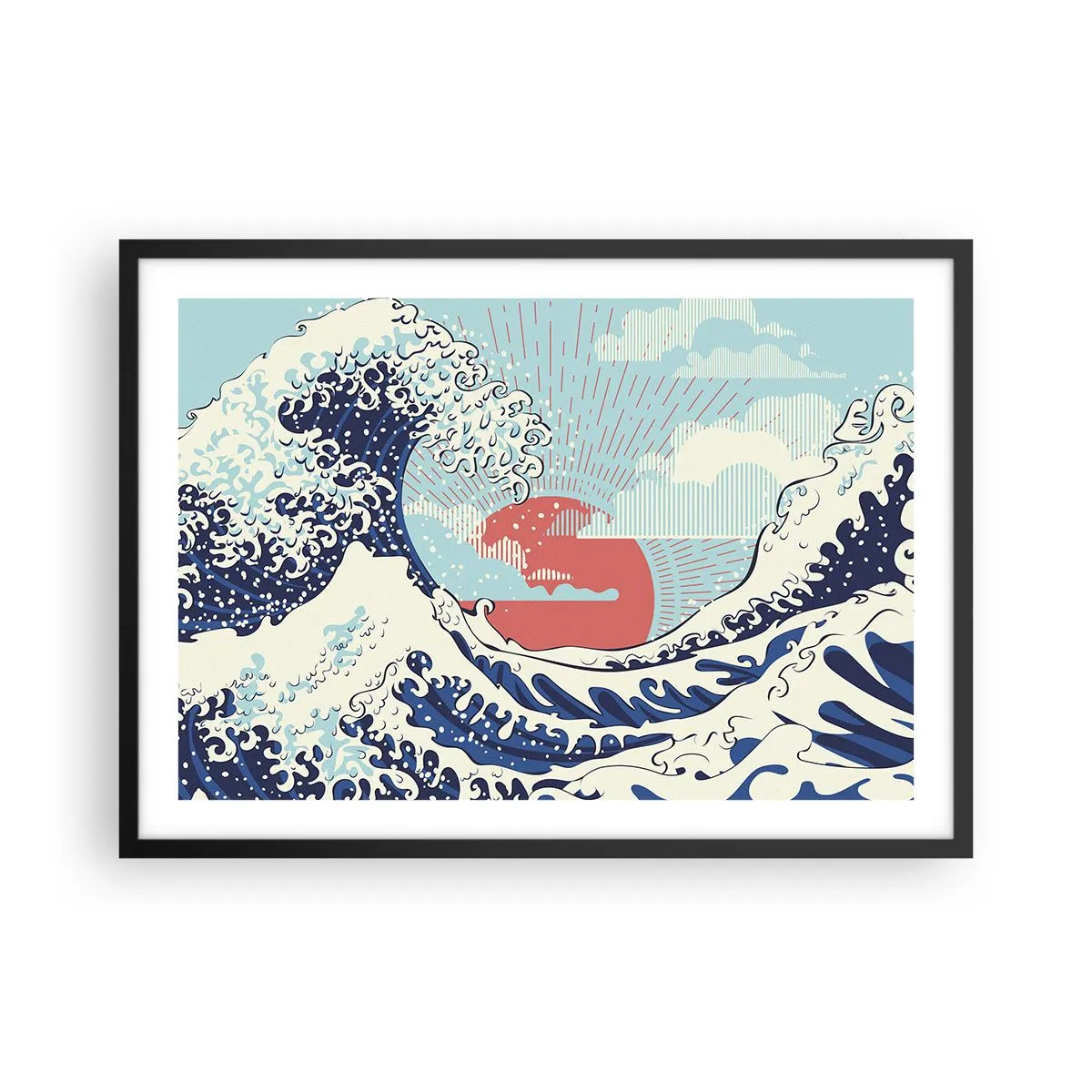 Poster in cornice nera - Onde dell'oceano e un tramonto in stile giapponese - 70x50cm - Di ispirazione giapponese - Decorazione murale moderna per soggiorno e camera da letto ARTTOR